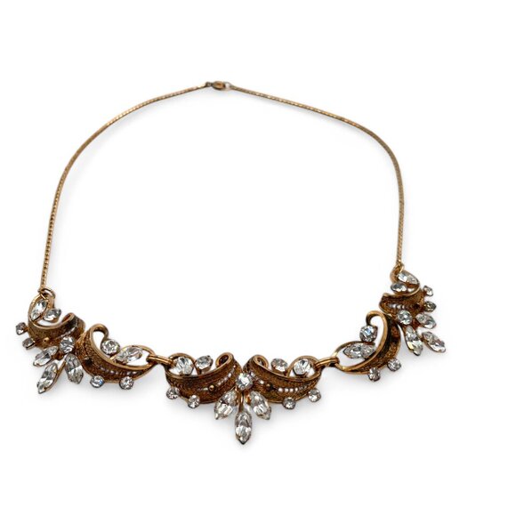 Vintage VAN DELL 12K Gold Plate Crystal Necklace with Filigree Wedding Jewelry - Picture 7 of 11